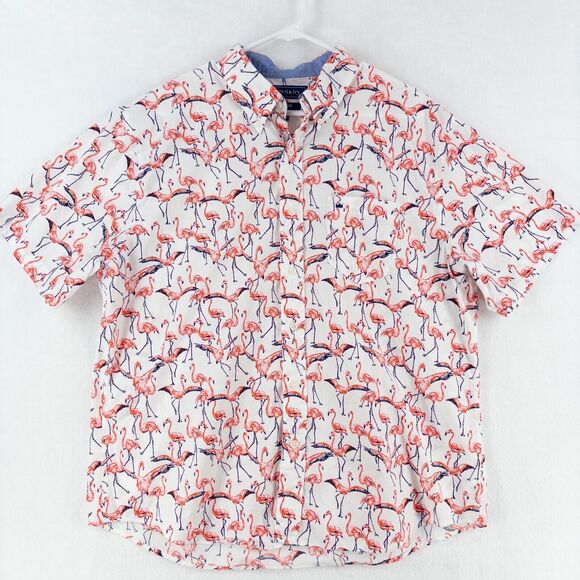 Crown & Ivy Pink Flamingo Button Up Short Sleeve Shirt L Hawaiian Tropical Bird - Picture 1 of 13